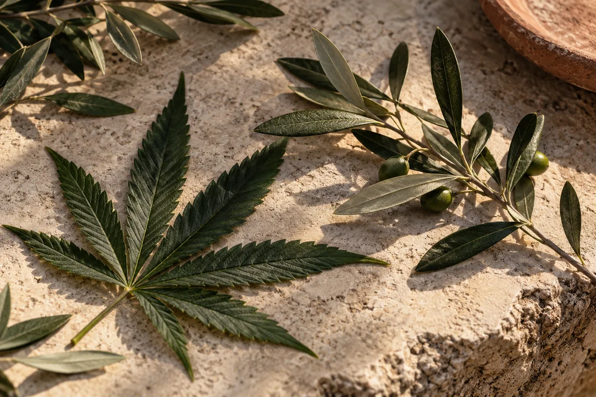 Ilustración botánica de una hoja de cannabis en tonos verdes sobre fondo crema.